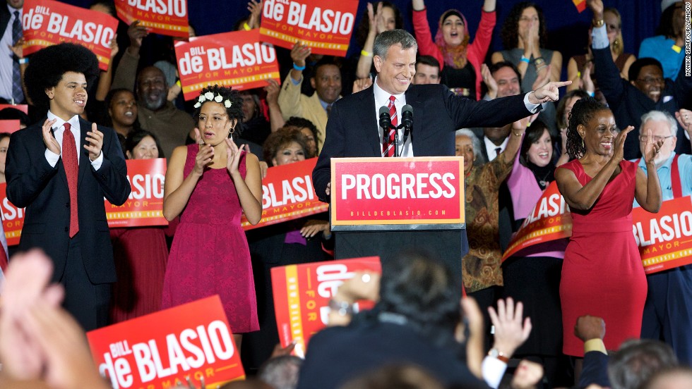 Image #: 25266868    Democratic candidate Bill de Blasio is joined by his children Dante (R) and  Chiara along with his wife Chirlane (R) as he thanks supporters after winning the mayoral election at the Park Slope Armory campaign headquarters on November 5, 2013, in New York. De Blasio ran against Republican Joseph Lhota and becomes the first new mayor in twelve years, replacing Michael Bloomberg.     UPI/Monika Graff /LANDOV