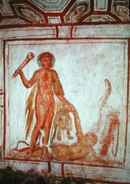 HEL207707 Hercules Killing an Enemy, mid 4th century AD (fresco) by Paleo-Christian, (4th century) fresco 92x92 Catacomb della Via Latina, Rome, Italy © Held Collection out of copyright